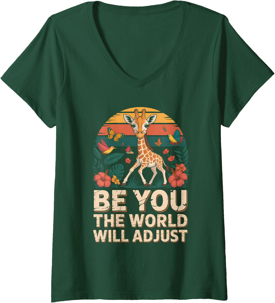 Women's Be You The World Will Adjust Giraffe Jungle V-Neck T-Shirt - Dark Green