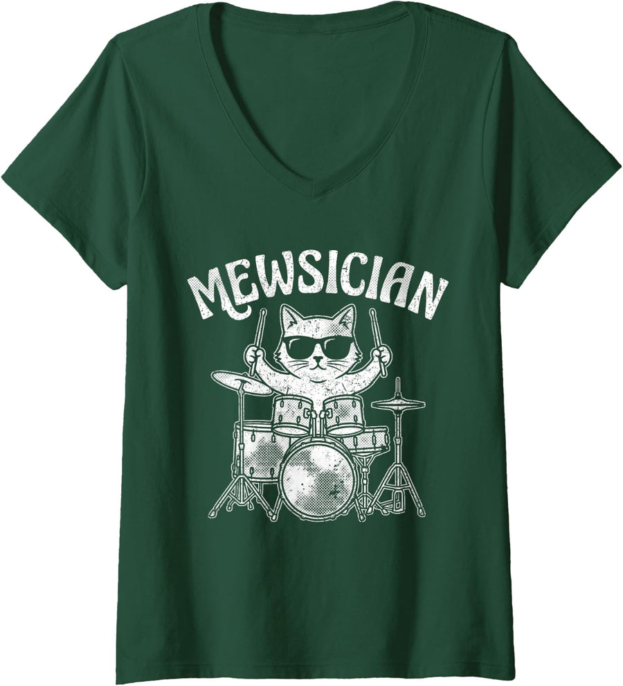 Women's Mewsician Drummer Cat Playing Dums Funny Musician V-Neck T-Shirt - Dark Green