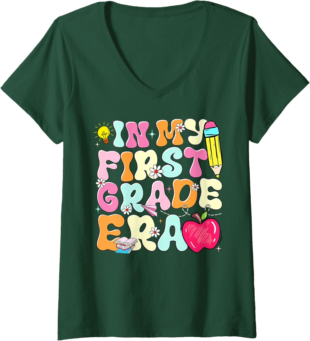 Women's Back to School in My First 1st Grade Era Retro Boy Girl V-Neck T-Shirt - Dark Green