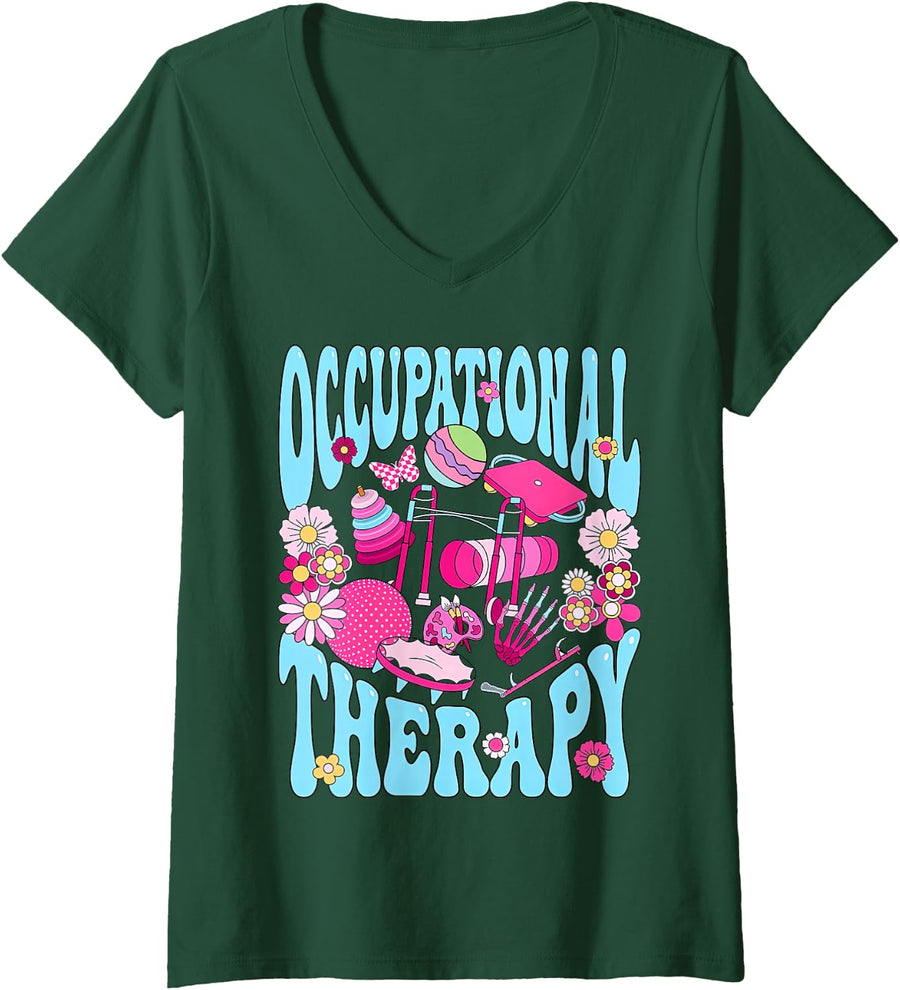 Women's Retro Occupational Therapy Occupational Therapist OT Month V-Neck T-Shirt - Dark Green
