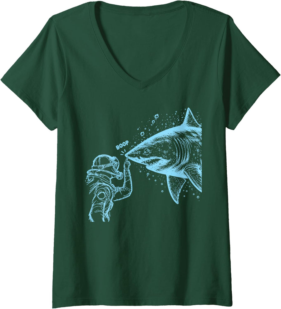Women's Boop Shark Diver Scuba Diving Funny Ocean Shark Meme Humor V-Neck T-Shirt - Dark Green