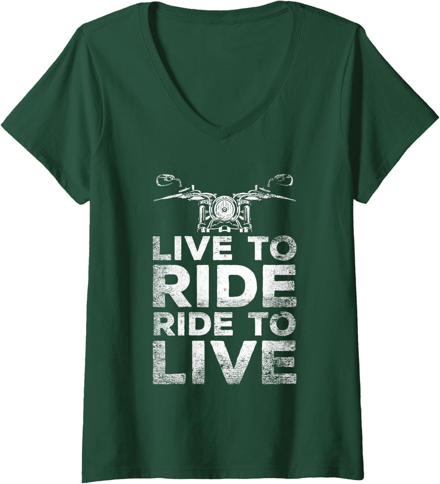 Women's Live to Ride to Live Motorbike Motorcycle Motorcycling Biker V-Neck T-Shirt - Dark Green