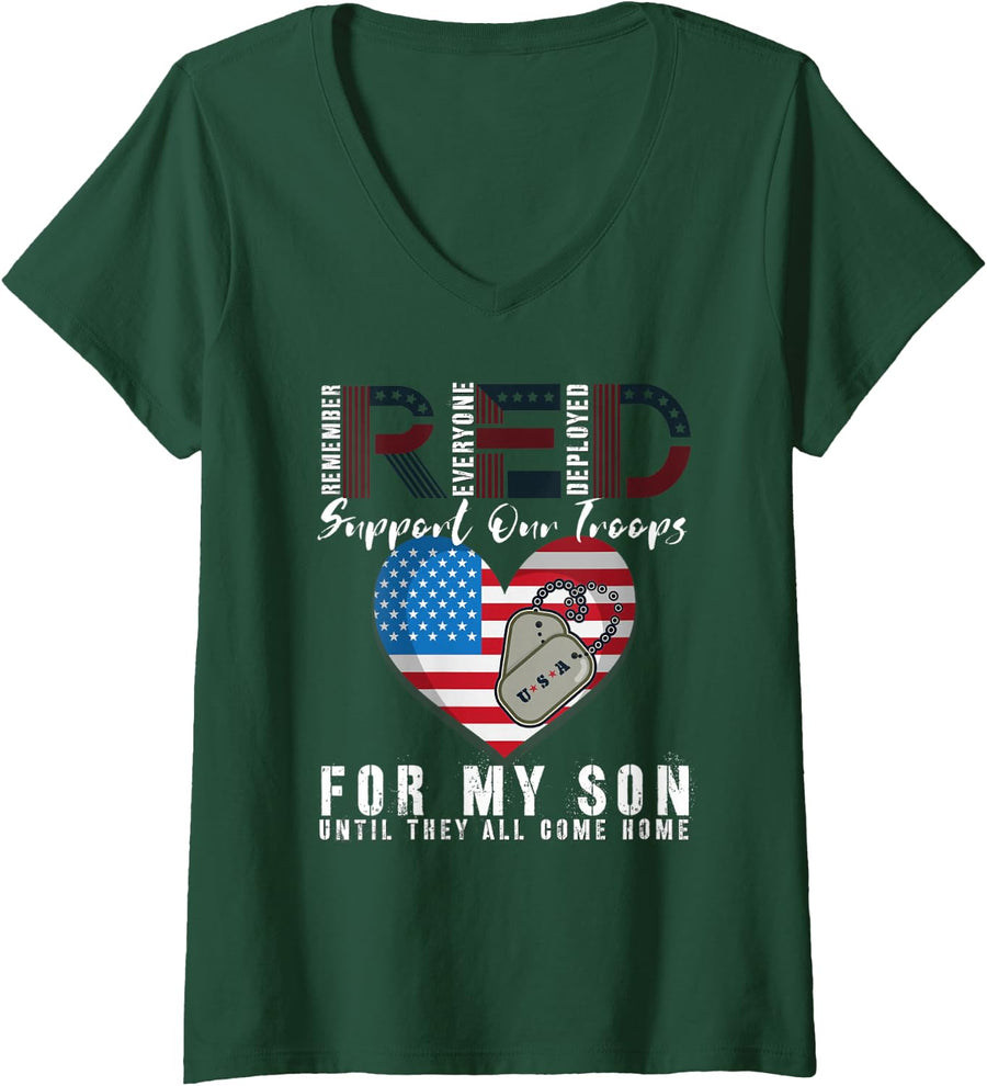 Women's Red Friday Military I Wear Red for My Son Remember Everyone V-Neck T-Shirt - Dark Green