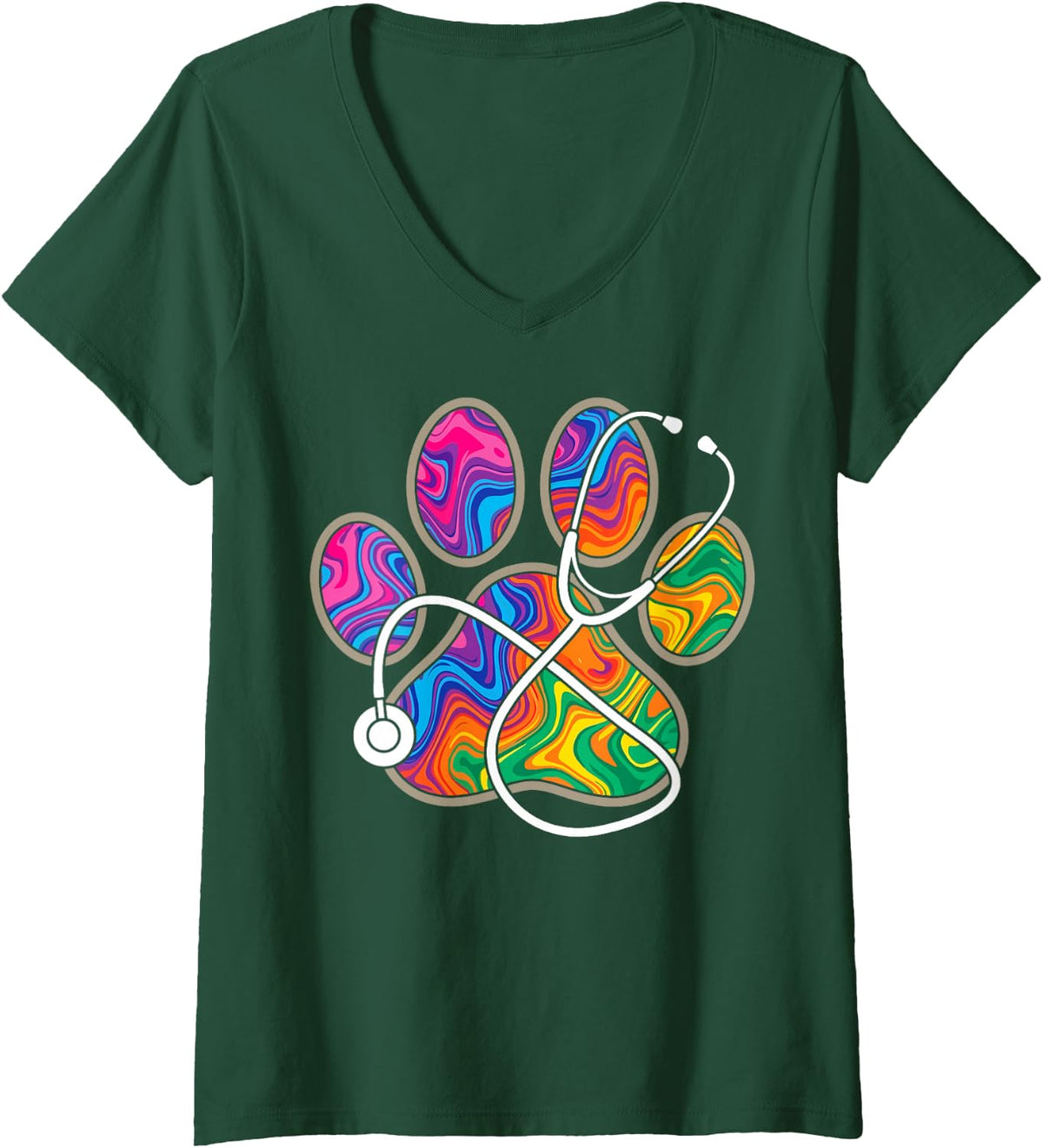 Women's Colorful Paw Prints Stethoscope Veterinarian Vet Tech V-Neck T-Shirt - Dark Green