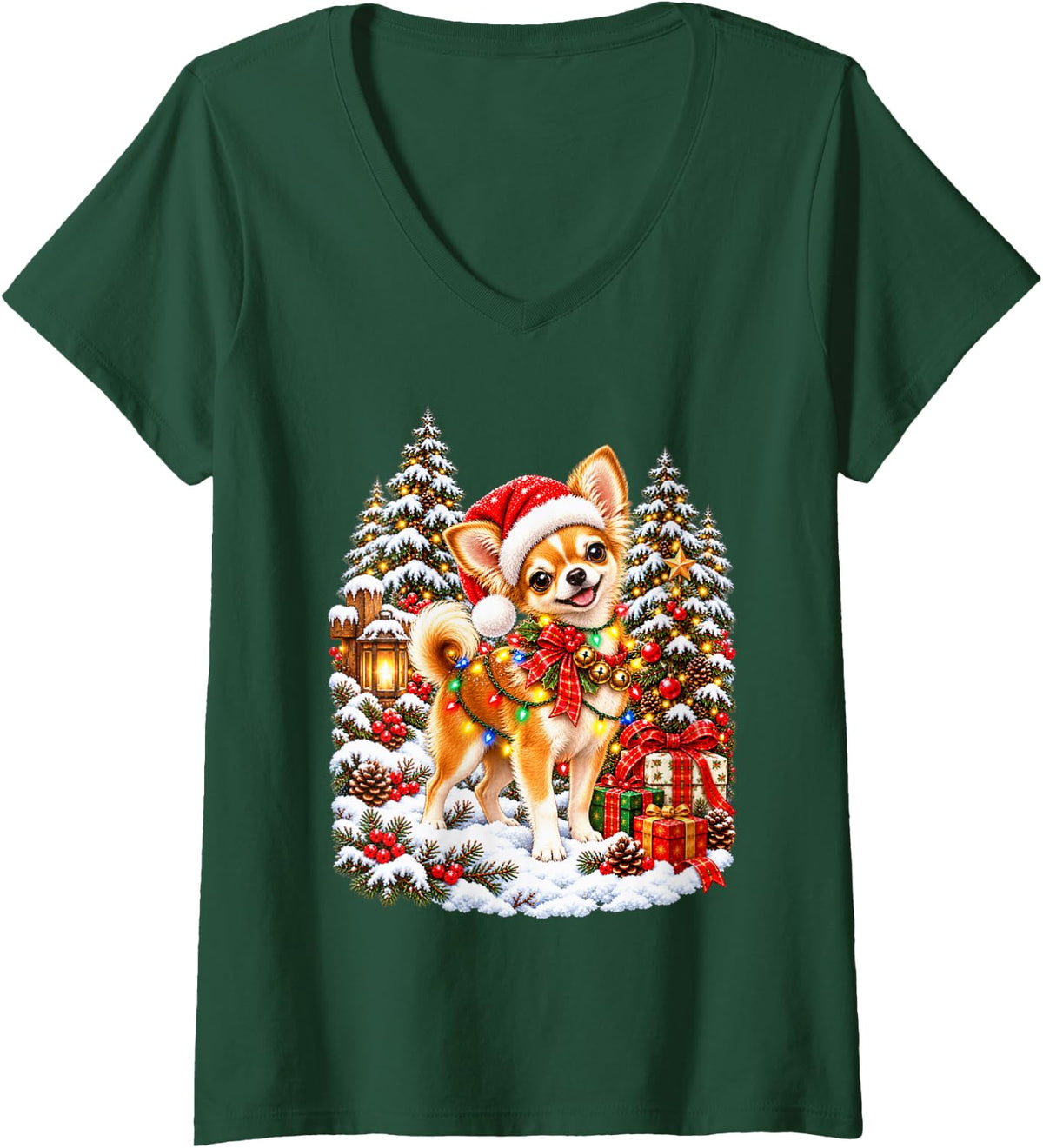 Women's Cute Chihuahua Christmas Santa Snow Scene V-Neck T-Shirt - Dark Green