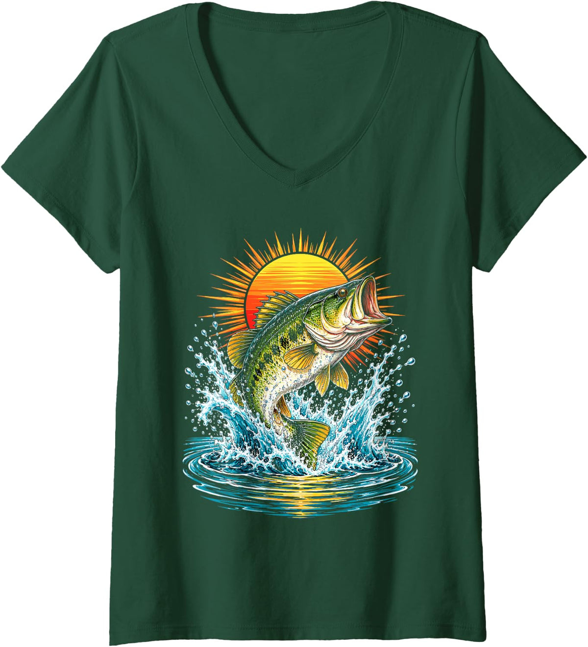 Women's Sunrise Bass Fishing Bass Anglers V-Neck T-Shirt - Dark Green