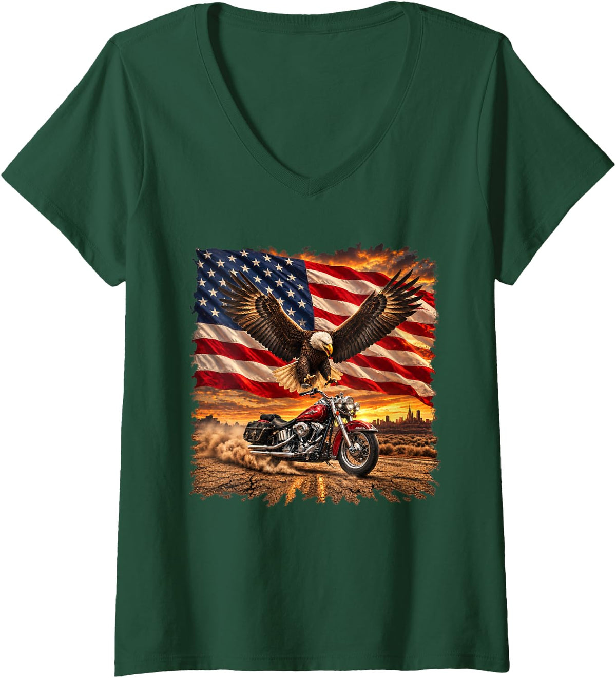 Women's Bald Eagle American Flag Motorcycle Biker Dad Fathers Day V-Neck T-Shirt - Dark Green