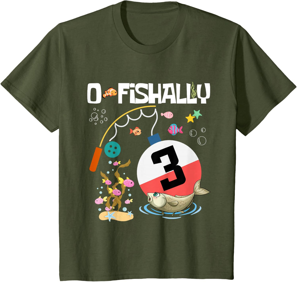 Kids O-Fish-Ally 3 Birthday Fish Decorations Bday Party T-Shirt - Olive Green