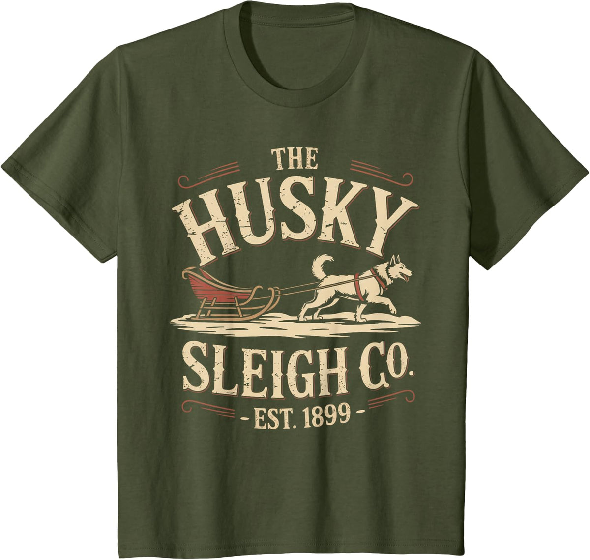 Retro Husky Sleigh Co Vintage Dog Christmas Tee T-Shirt for Dog Lovers - Olive Green