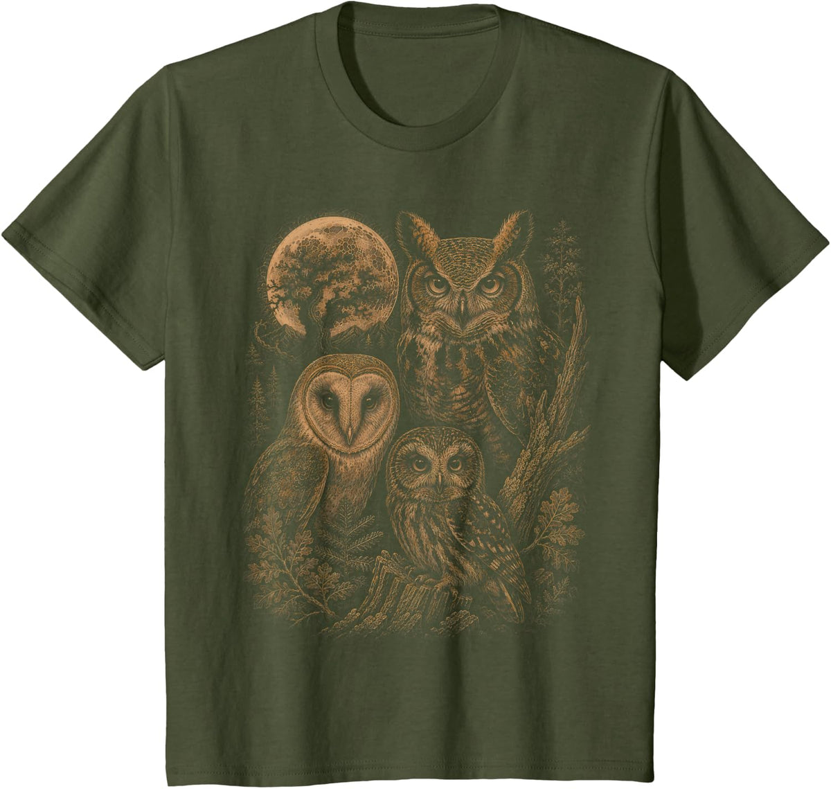 Great Horned Owl Graphics Bird Watcher 90s Vintage Owl Lover T-Shirt - Olive Green