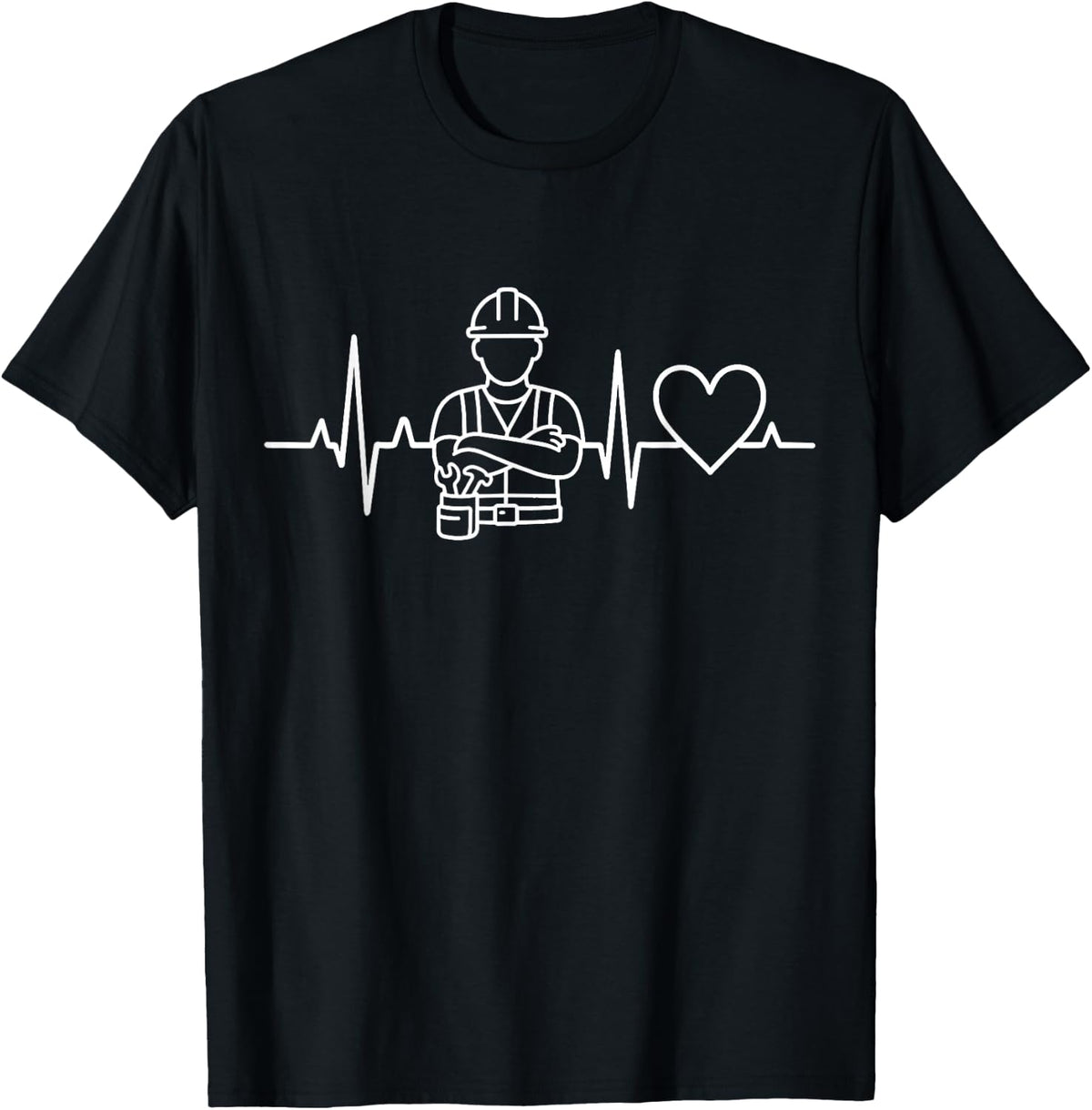 Construction Worker Heartbeat Tradesman Builder T-Shirt - Black