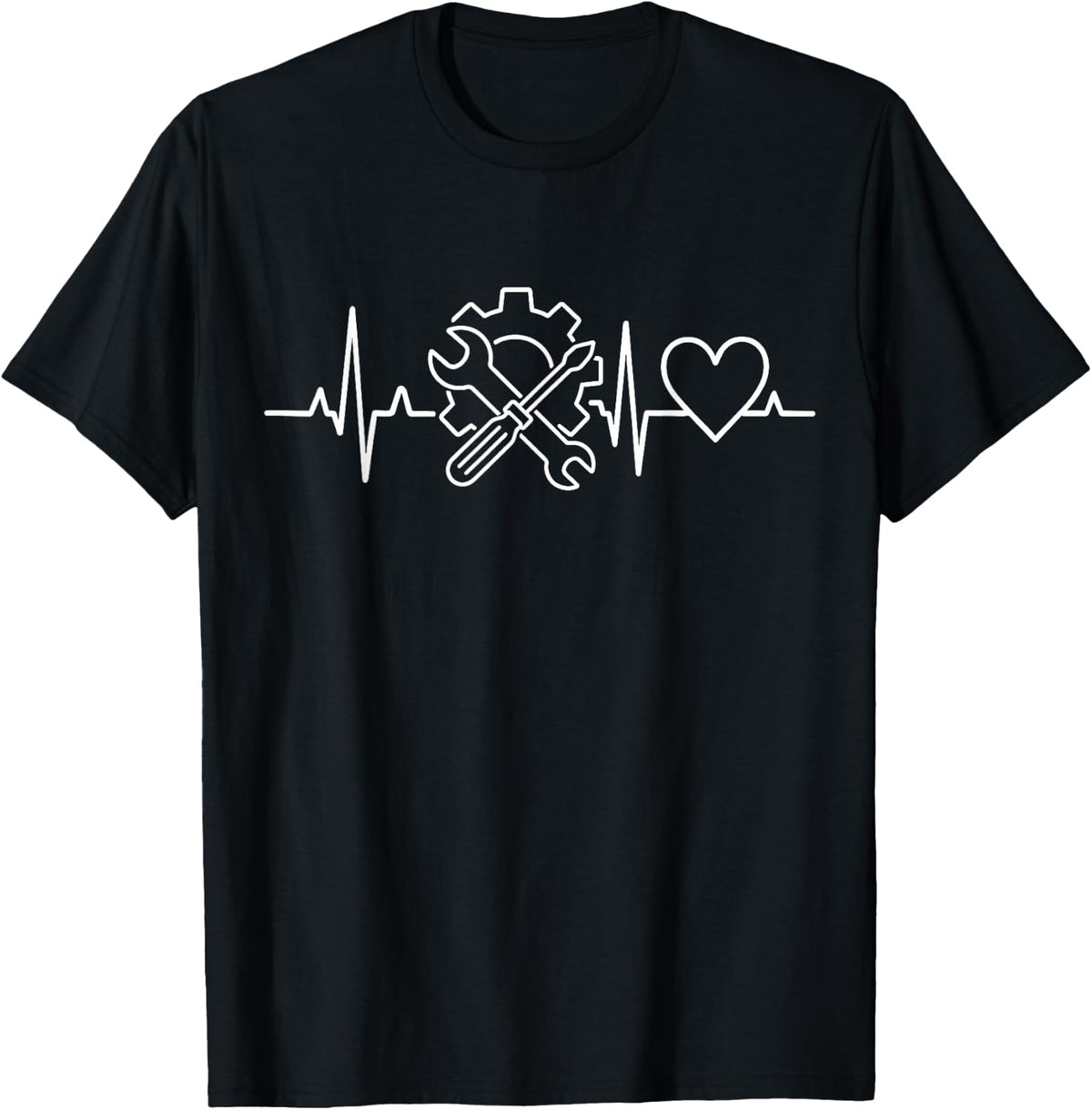 Mechanic Heartbeat Wrench Gear Technician Line Art T-Shirt - Black