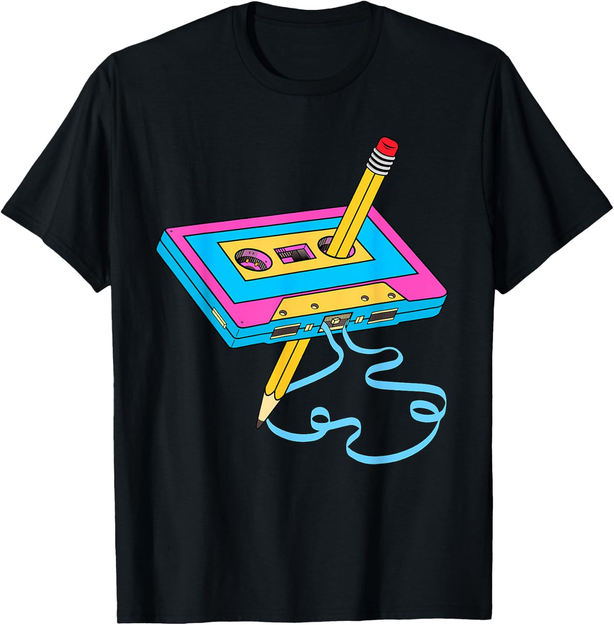 80s Cassette Tape Pencil 1980s Retro Vintage Throwback Music T-Shirt - Black