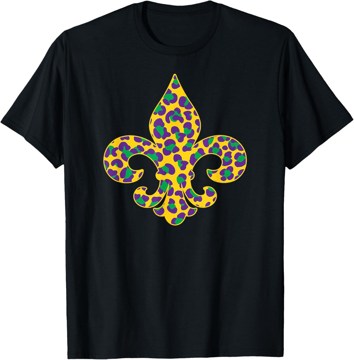 Leopard Mardi Gras Colors Fleur De Lys Symbol T-Shirt - Black