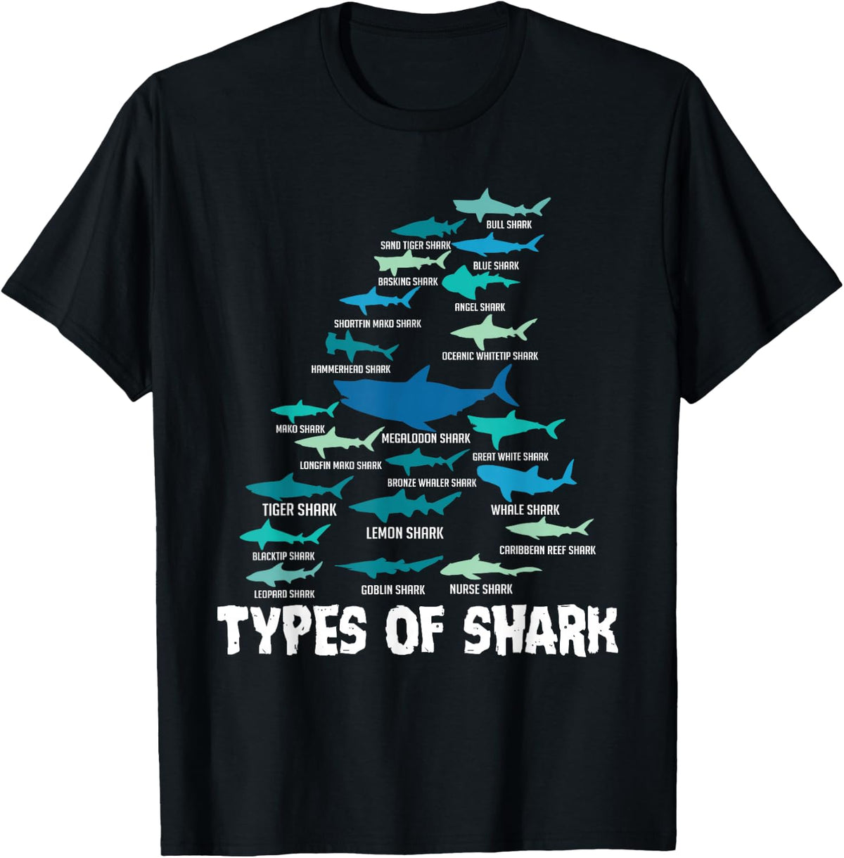 Types of Shark Megalodon Great White Nurse Shark T-Shirt - Black