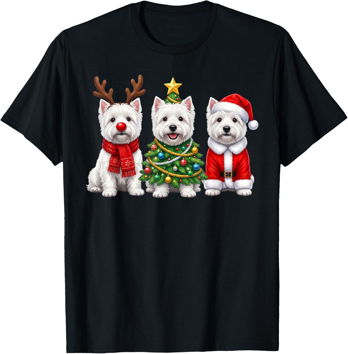 Retro Christmas West Highland White Terriers Santa Reindeer T-Shirt - Black