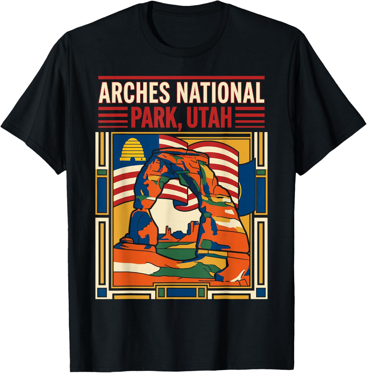 Arches National Park Utah Flag Retro Travel Landscape T-Shirt - Black