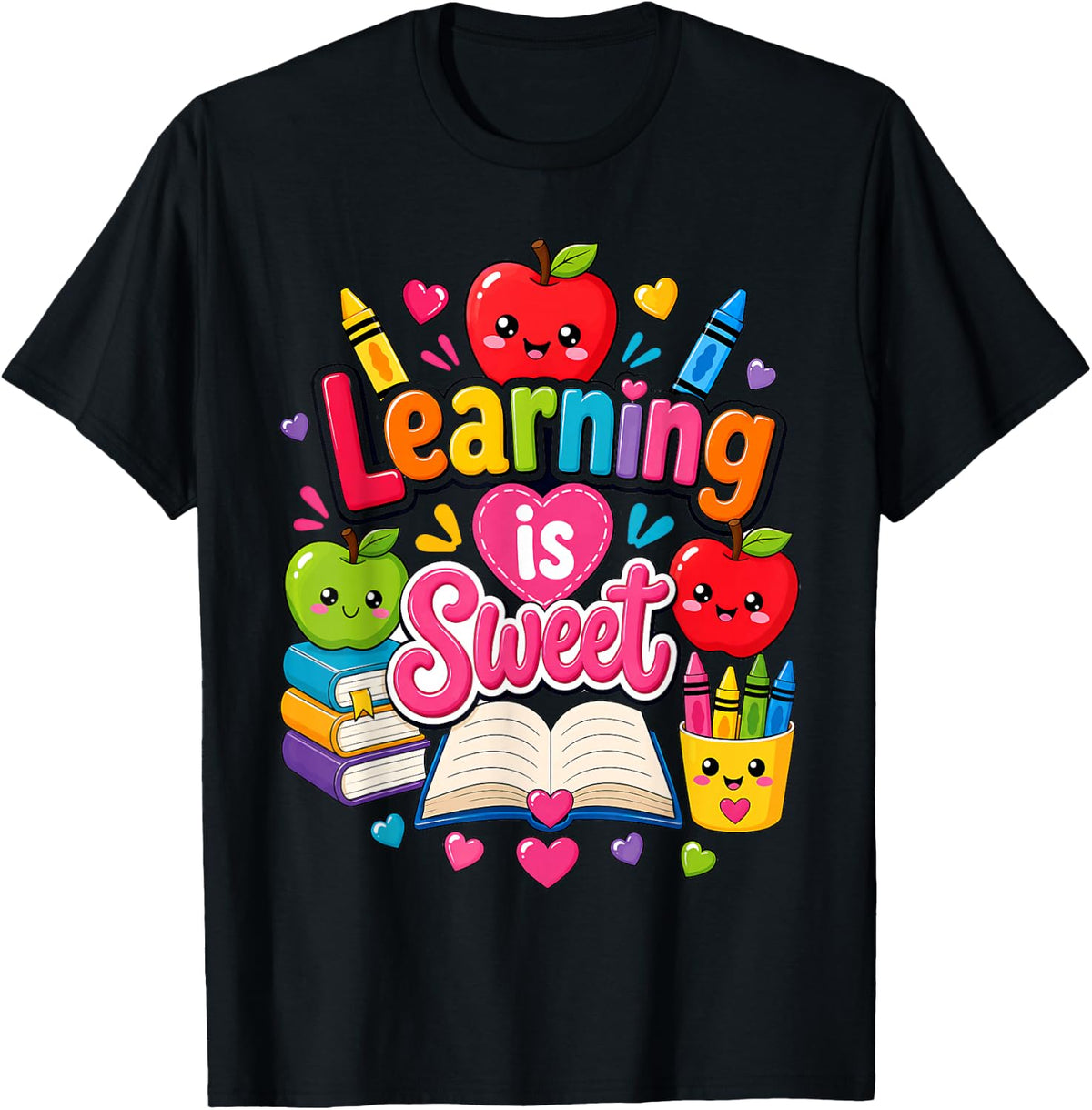 Learning is Sweet Cute Teacher School Books Apples T-Shirt - Black