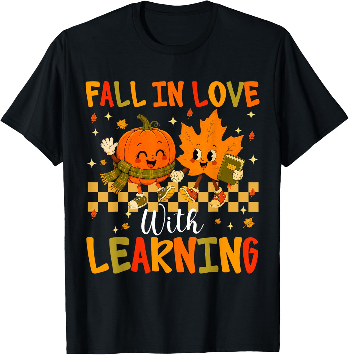 Fall in Love with Learning Retro Autumn Pumpkin Teacher Cute T-Shirt - Black