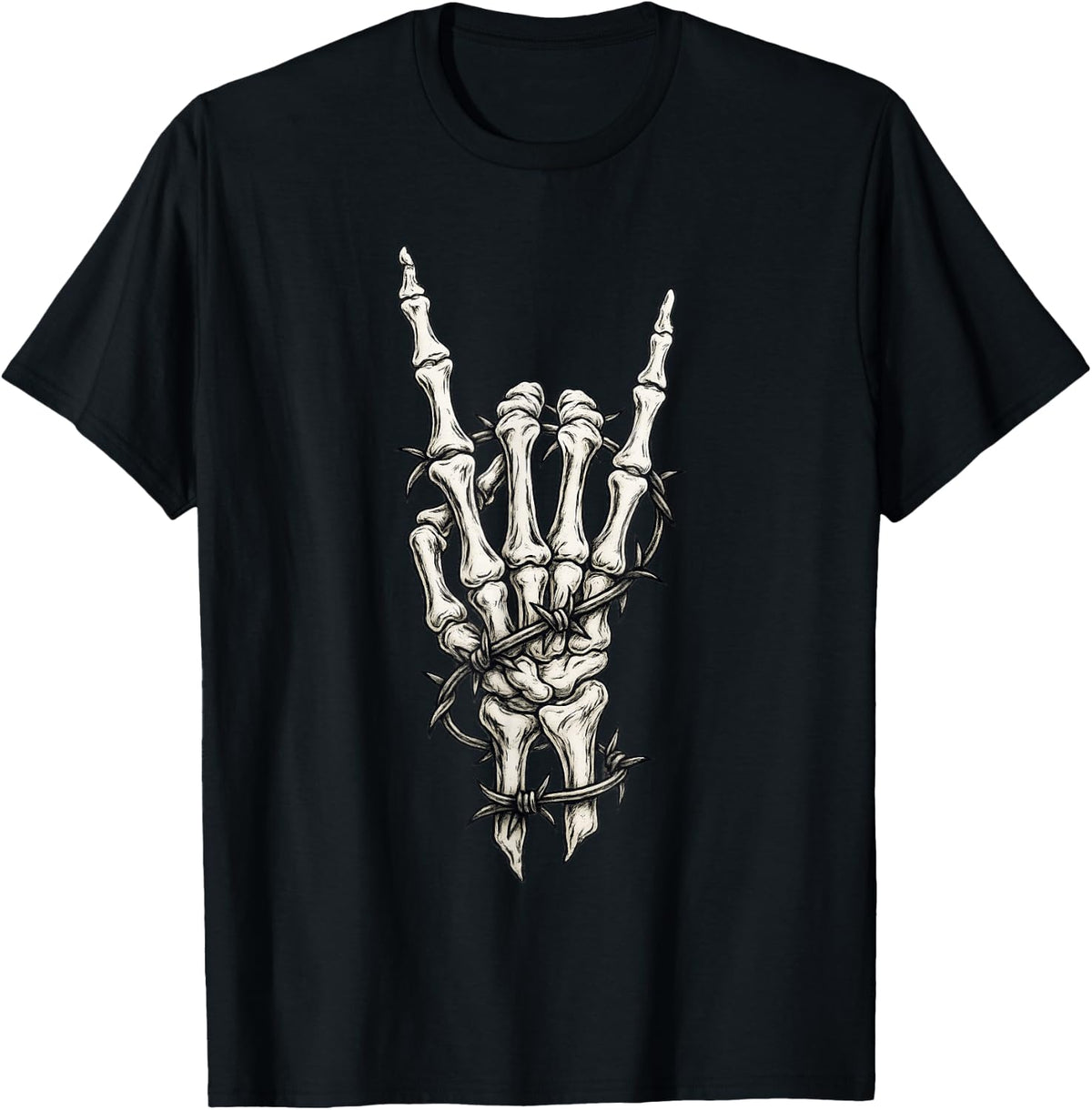 Rock On Skeleton Hand Punk Gifts Rock and Roll Band Graphic T-Shirt - Black