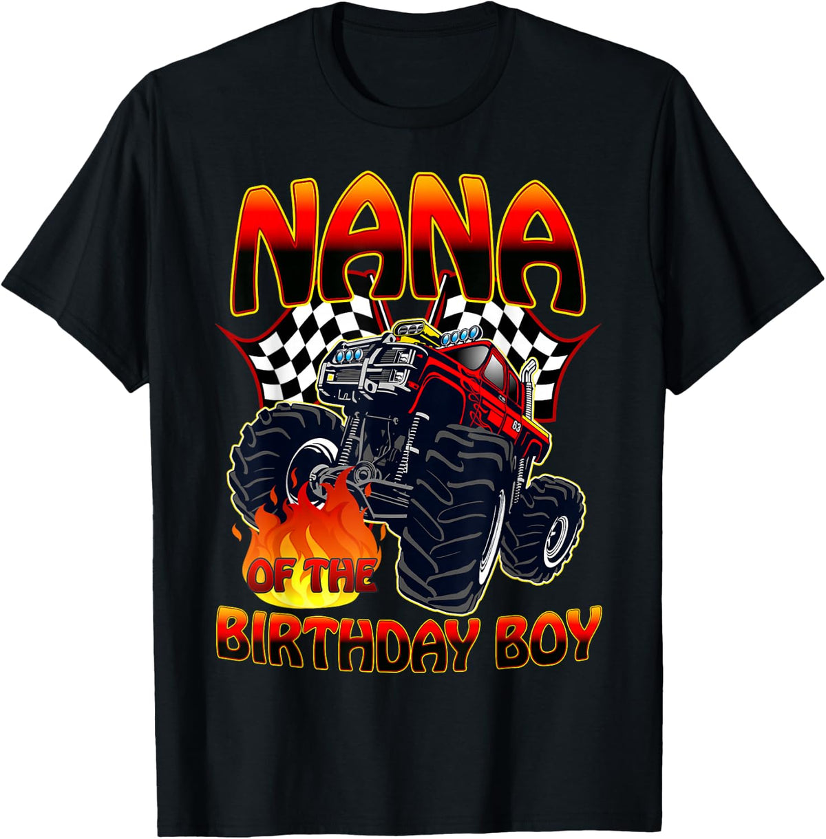 Nana of The Birthday Boy Monster Truck Racing Cars Matching T-Shirt - Black