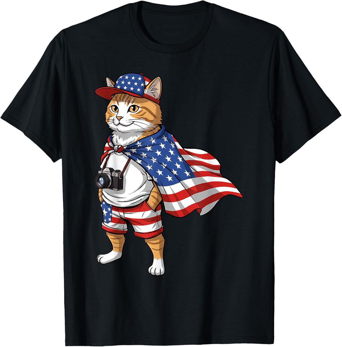 American Flag USA Red White Blue 4th of July Patriotic Cat T-Shirt - Black