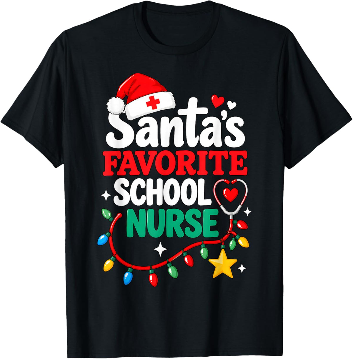 Santa's Favorite School Nurse Christmas Stethoscope T-Shirt - Black