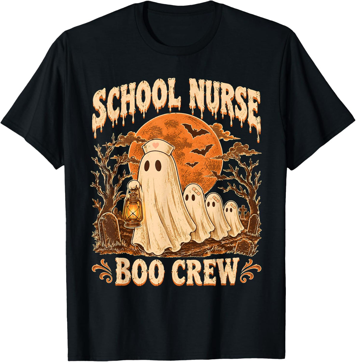School Nurse Boo Crew Ghost Nurse Spooky Vintage Moon T-Shirt - Black