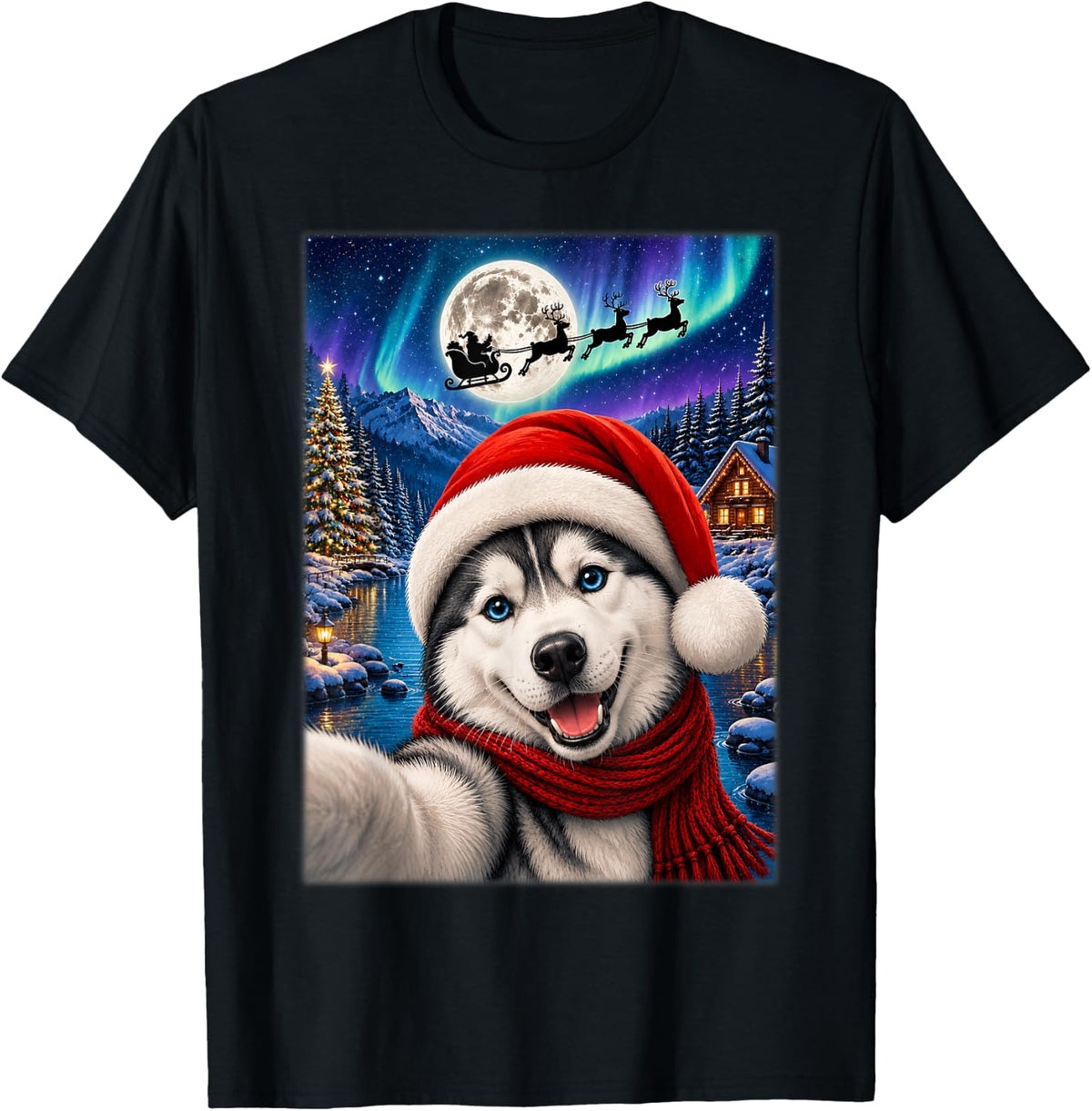 Siberian Husky Dog Christmas Moon Night Santa Sleigh Xmas T-Shirt - Black