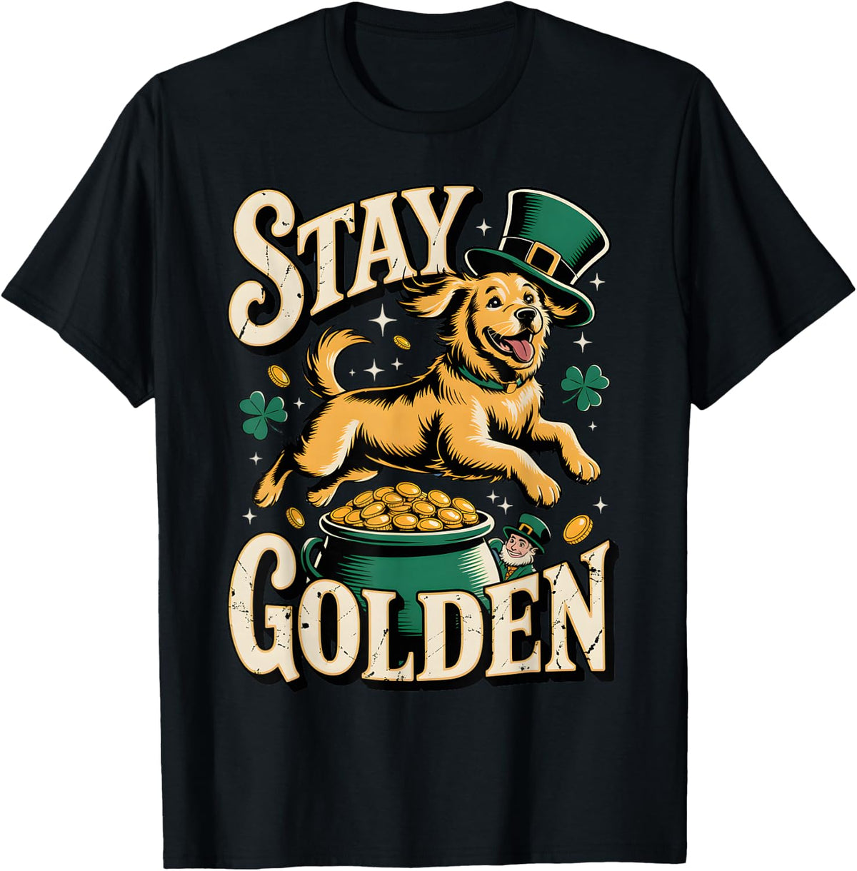 St Patrick Day Dog Shamrock Irish Golden Retriever Pot T-Shirt - Black