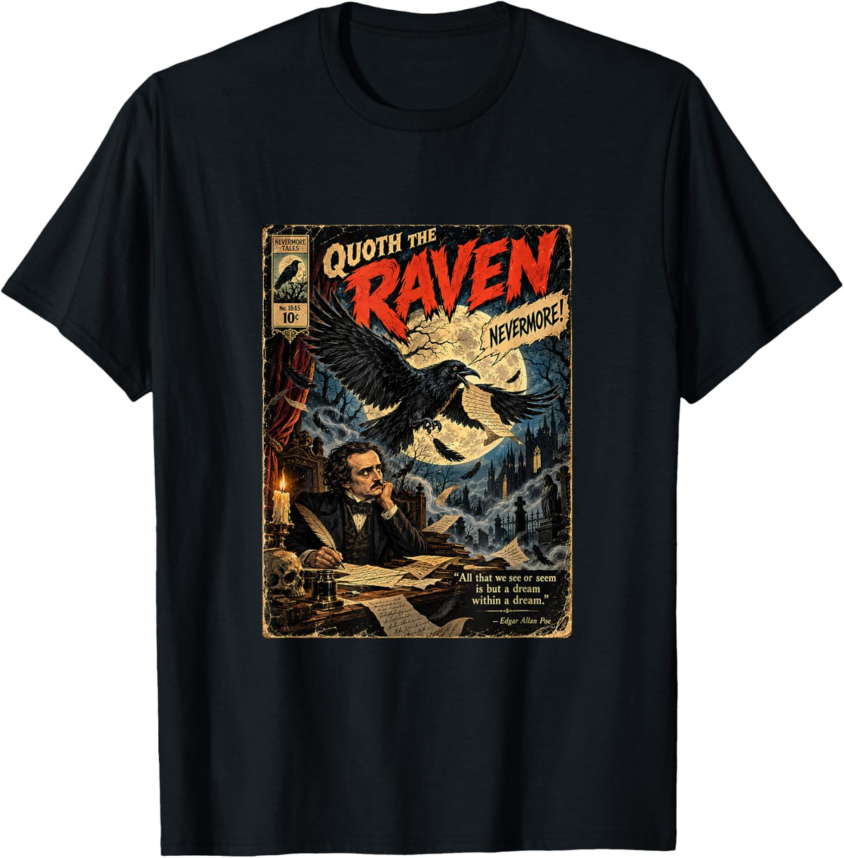 Gothic Raven Classic Poetry Dark Literature Graphic T-Shirt - Black