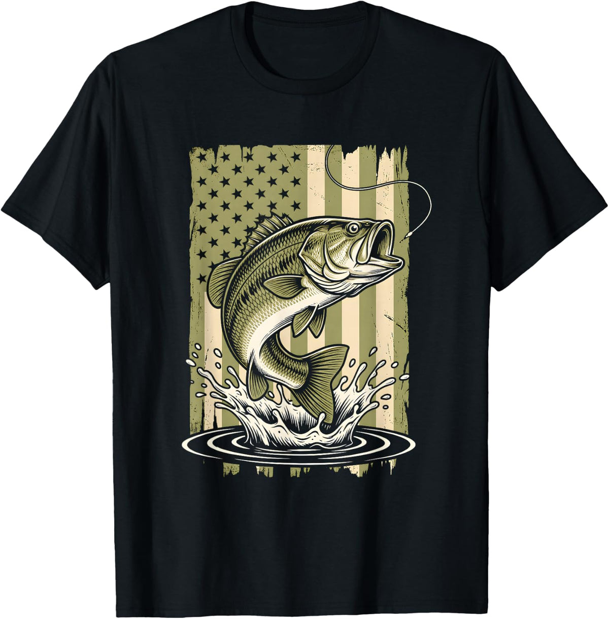 American Flag Bass Fishing Vintage Fisherman Men Boys T-Shirt - Black