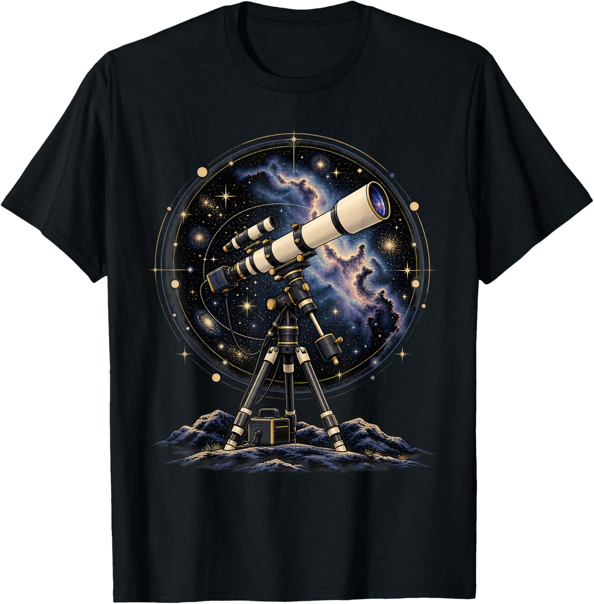 Telescope Galaxy Nebula Circle Astronomy Space Art T-Shirt - Black