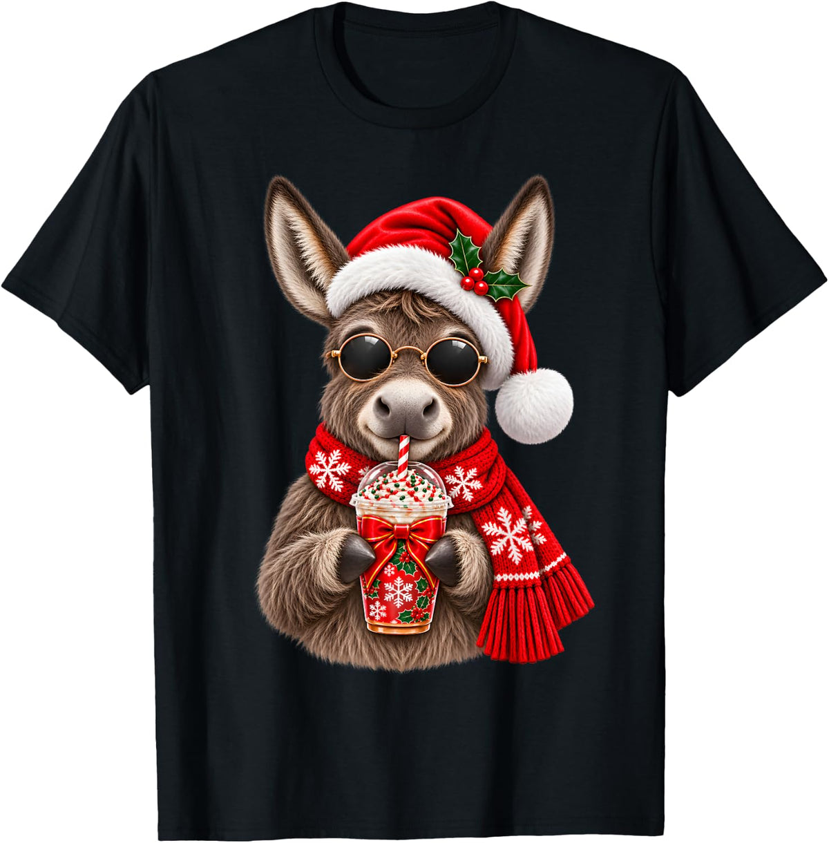 Funny Christmas Donkey Coffee Lover with Sunglasses T-Shirt - Black