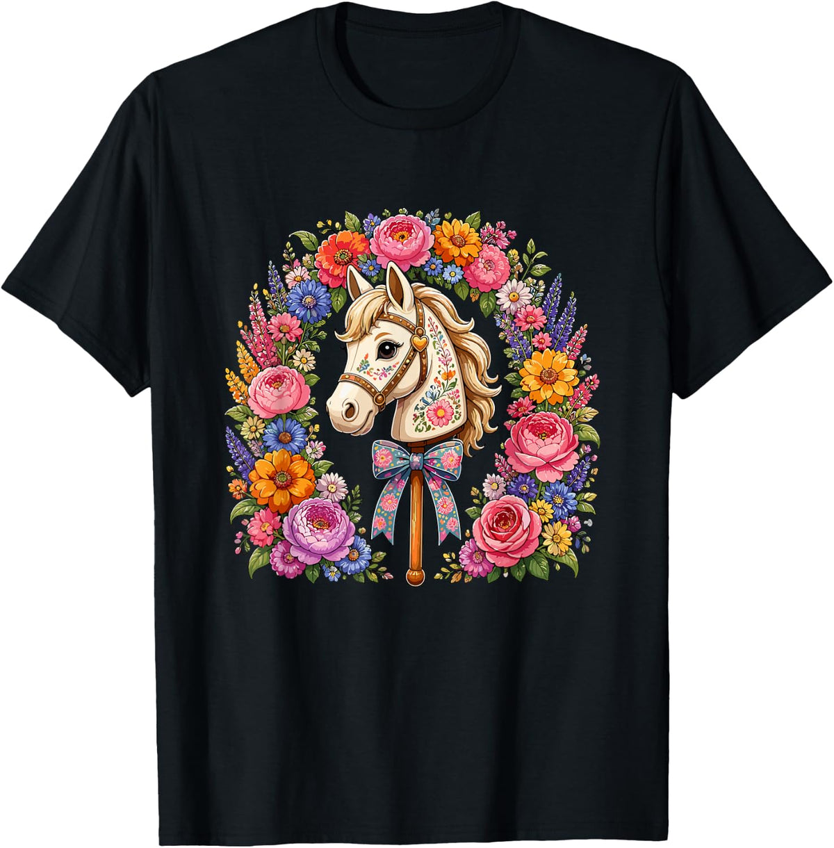 Colorful Horse Flowers Bow Pony Equestrian T-Shirt - Black