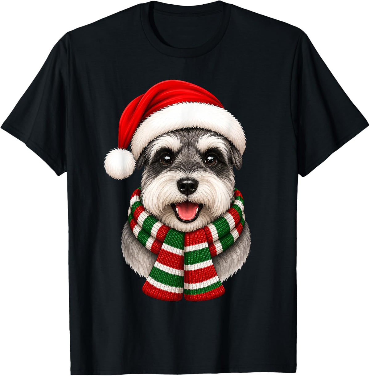 Miniature Schnauzer Dog Christmas Santa Hat Scarf Xmas T-Shirt - Black