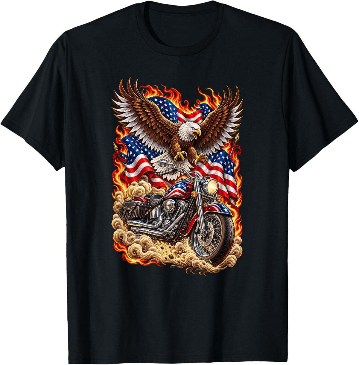 Patriotic Motorcycle Eagle American Flag Cruiser Biker T-Shirt - Black