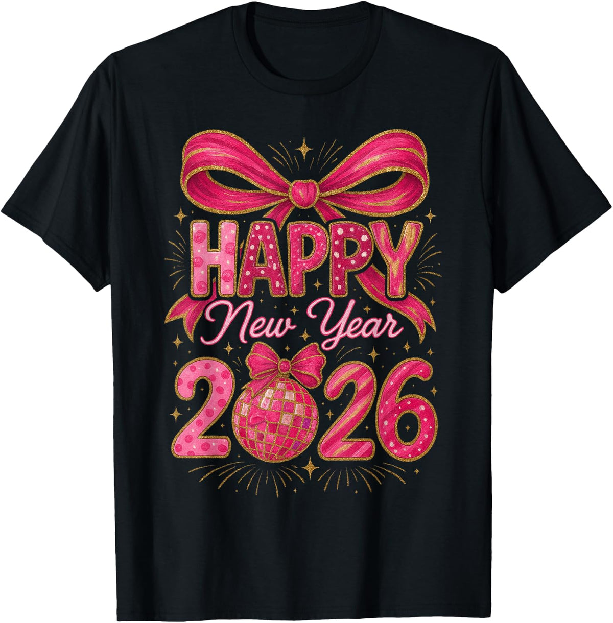 Happy New Year 2026 Coquette Hello 2026 Disco Ball T-Shirt - Black