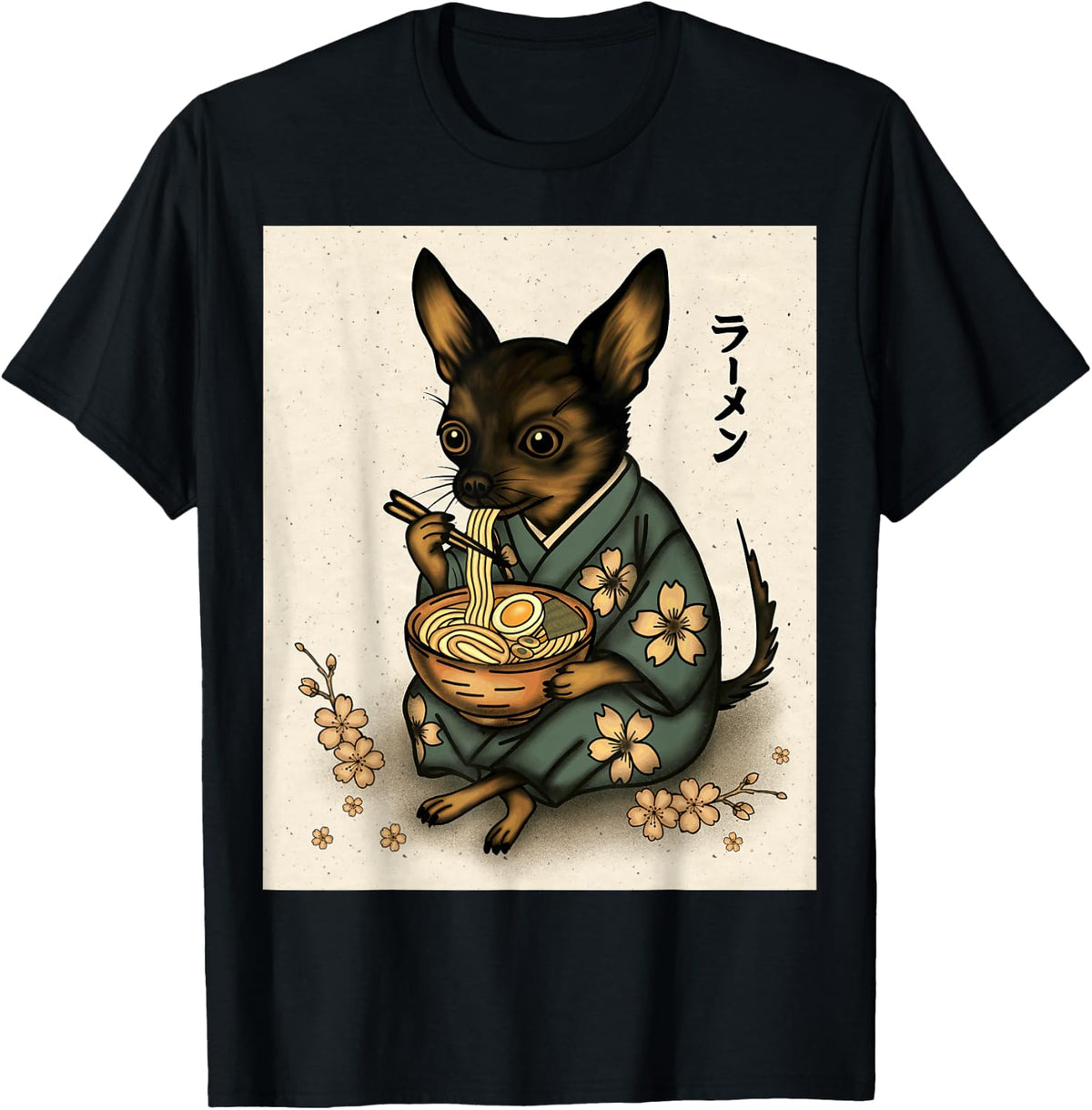 Chihuahua in Kimono Eating Ramen T-Shirt - Black