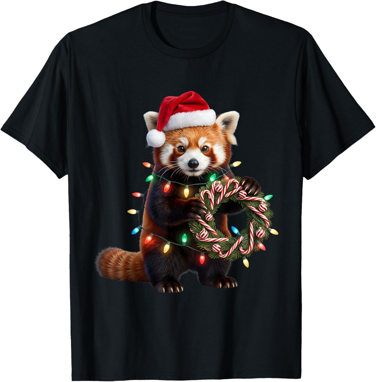 Cute Red Panda Christmas Lights Funny Red Panda Xmas Kid Boy T-Shirt - Black