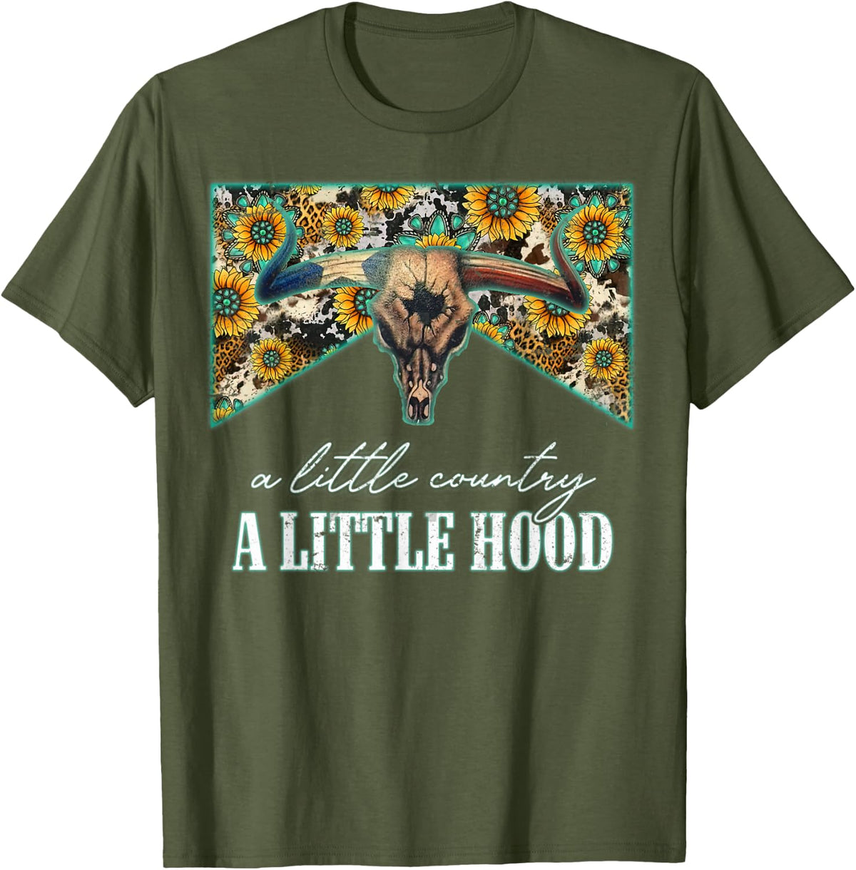Leopard Sunflower Bull Skull A Little Country A Little Hood T-Shirt - Olive Green