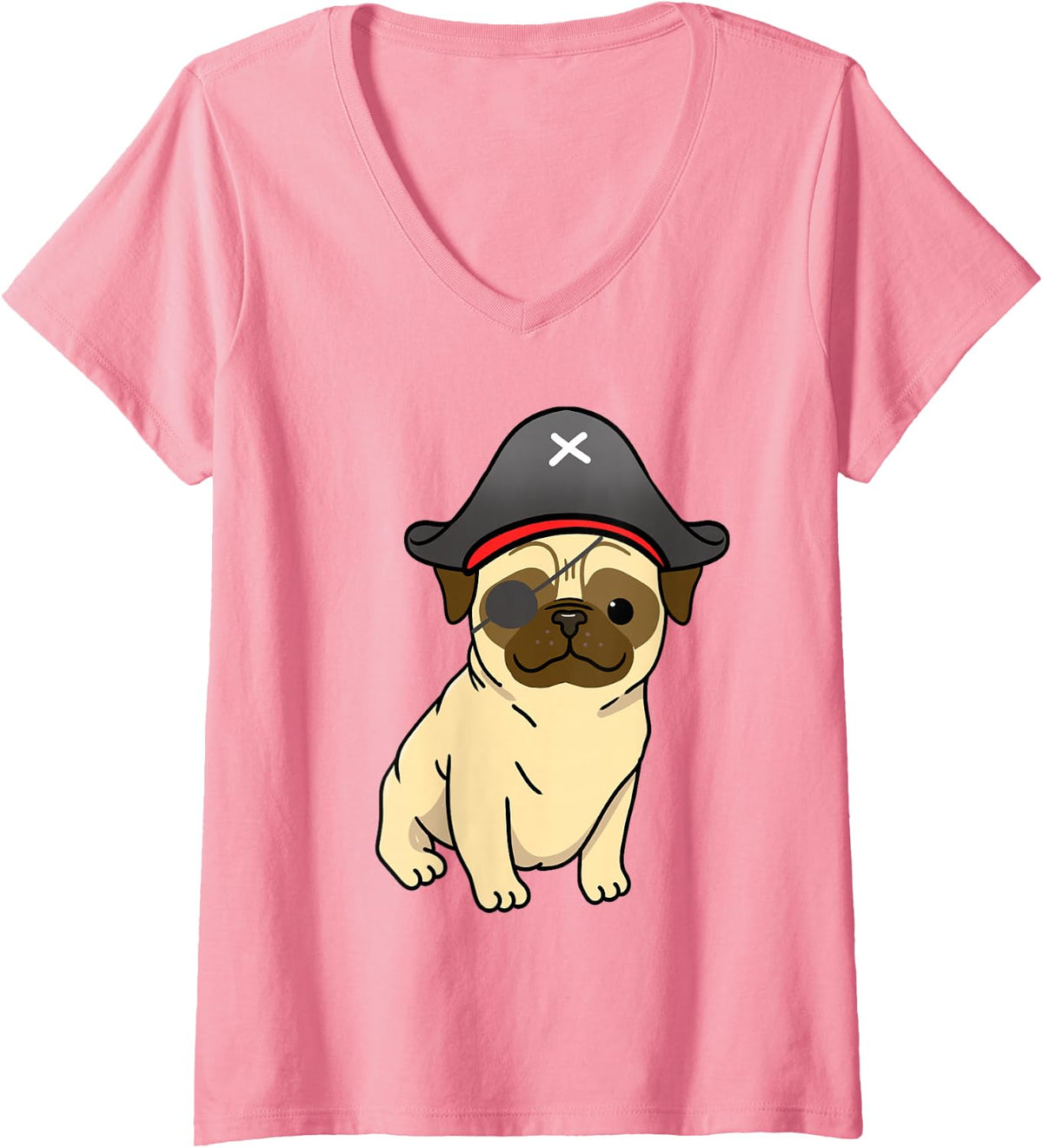 Women's Pug Pirate Pug Halloween V-Neck T-Shirt - Pink