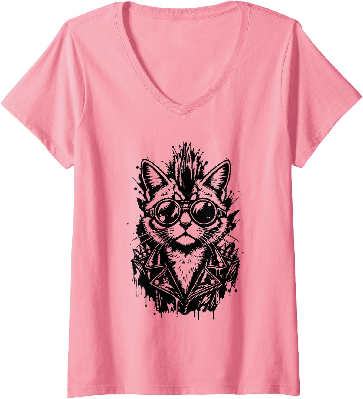 Women's Punk Rock Cat Design V-Neck T-Shirt - Pink