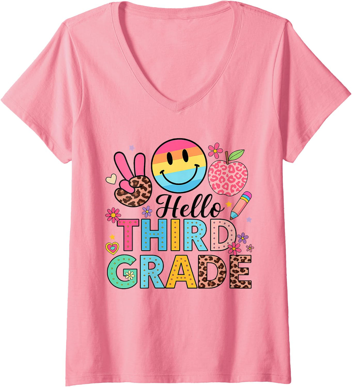 Women's Hello Boy Girl Teacher Back to School 3rd Grade V-Neck T-Shirt - Pink