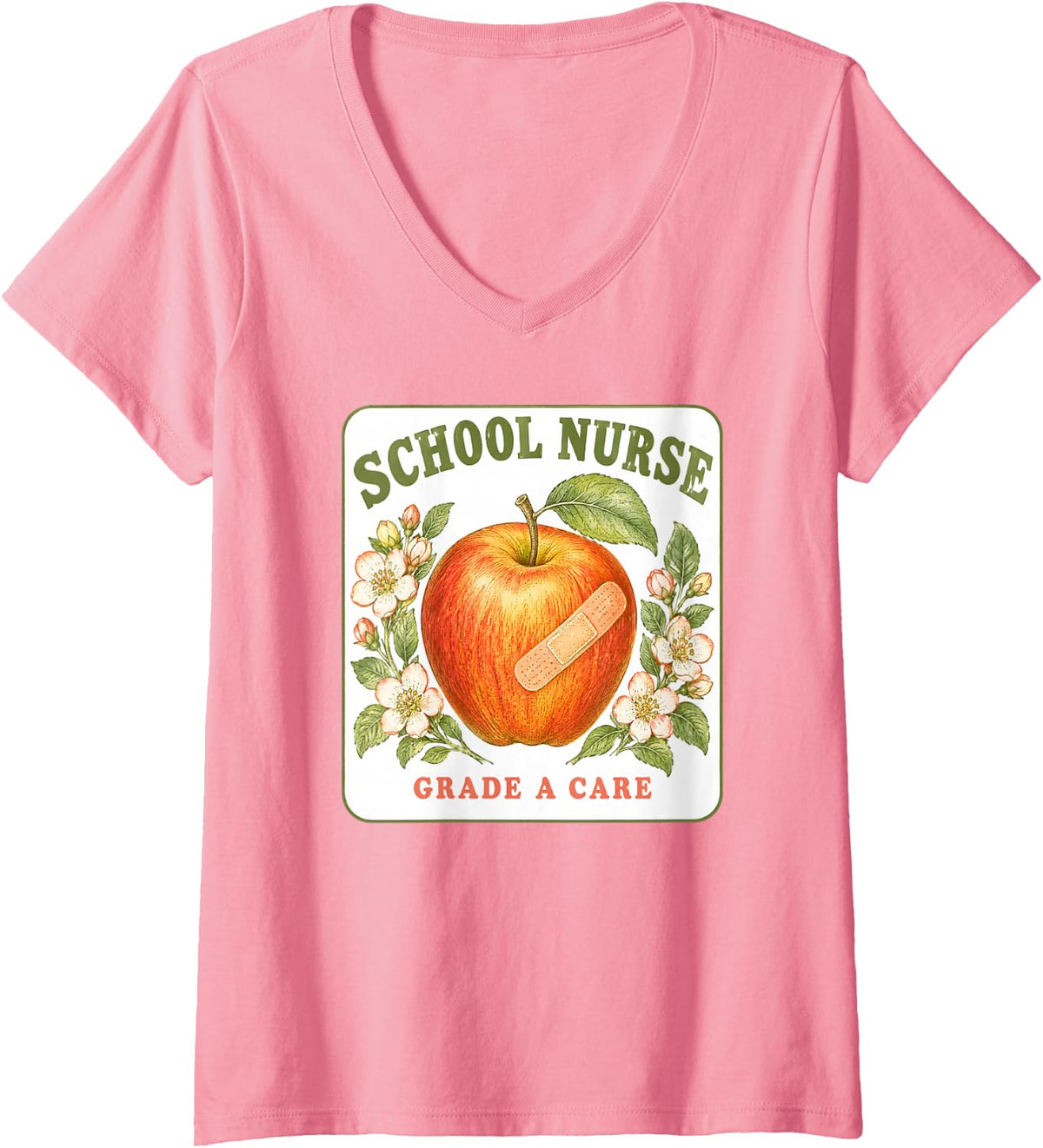 Women's School Nurse Grade A Care Apple Bandage Vintage Label V-Neck T-Shirt - Pink
