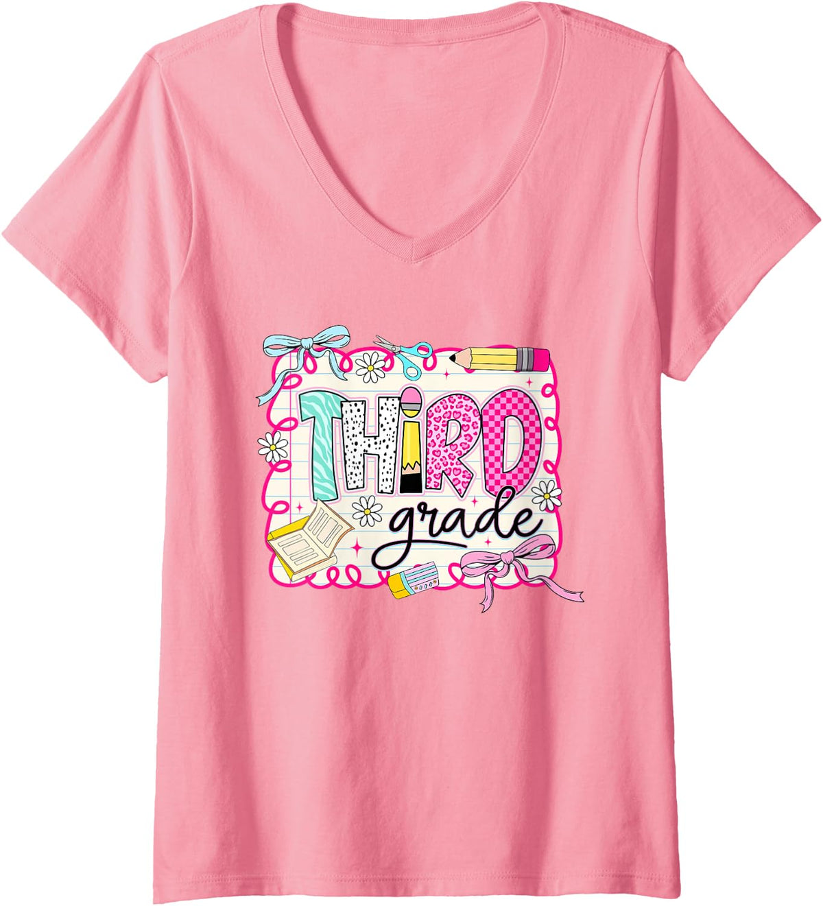 Women's Preppy Third Grade Back to School Pencil Student Teacher Kid V-Neck T-Shirt - Pink
