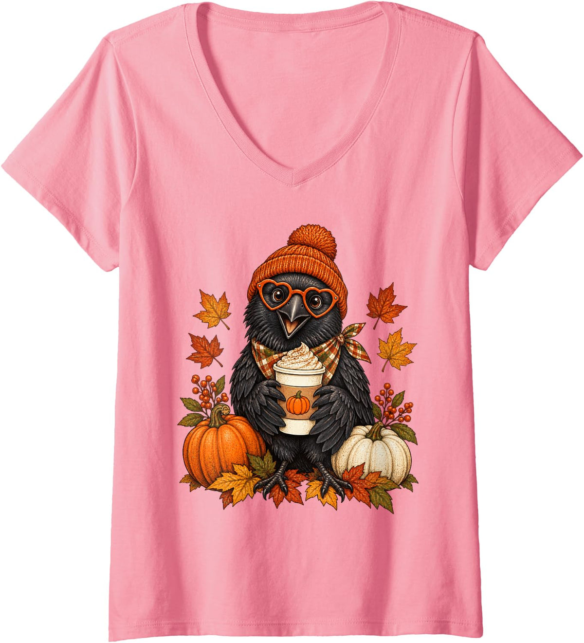 Women's Crow Fall Autumn Season Pumpkin Spice Raven Bird V-Neck T-Shirt - Pink