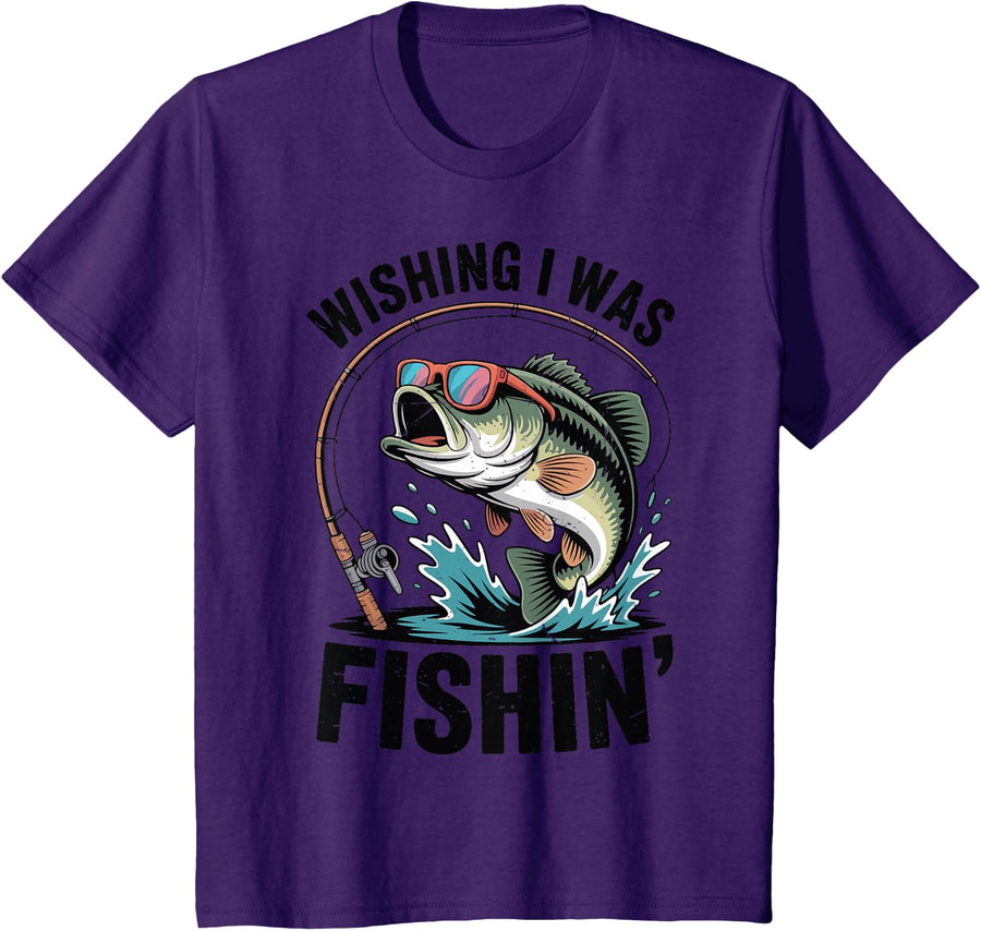 Youth Wishing I was Fishing-Shirt Boys Bass Fish Cute Funny T-Shirt - Purple