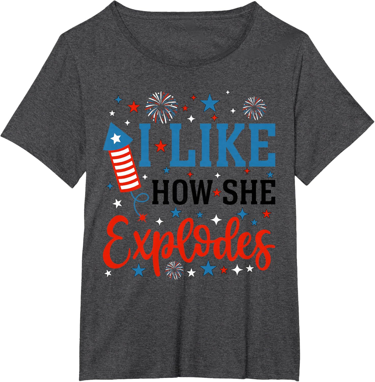 4th of July I Like How She Explodes Couple Matching He Bangs T-Shirt - Dark Heather Grey