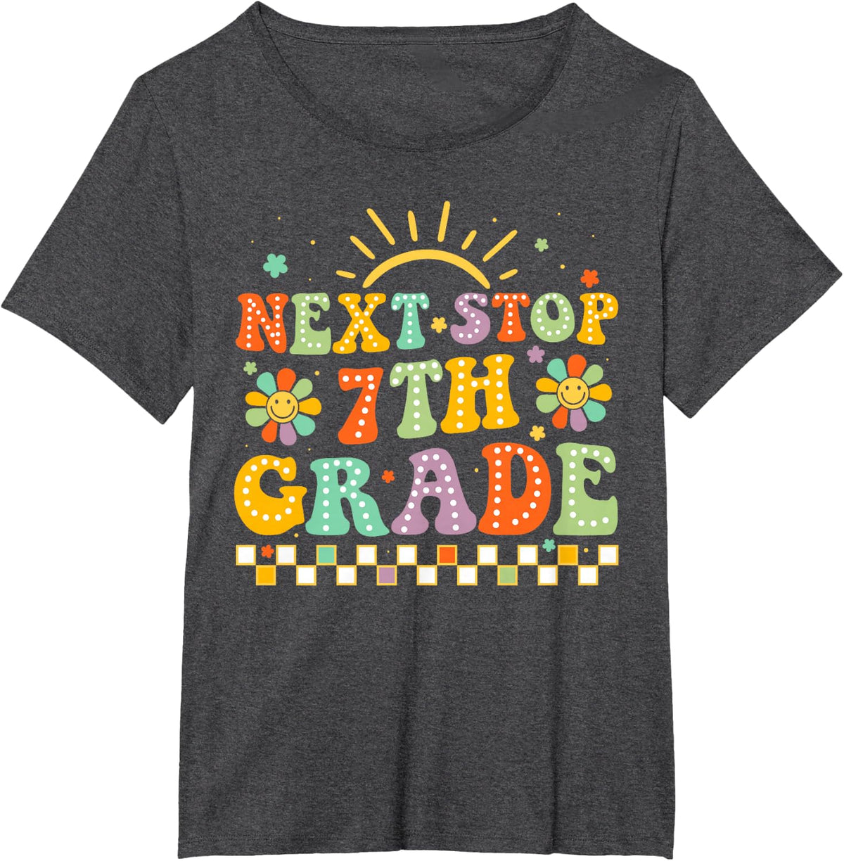 Next Stop 7th Grade Groovy Retro Seventh Grade First Day Tee T-Shirt - Dark Heather Grey